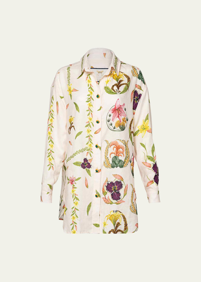 Shop Agua By Agua Bendita Cecilia Embroidered Linen Button-front Shirt In Marina