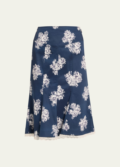 Shop Jason Wu Flared Floral-print Lace-trim Midi Skirt In Bouquet Floral Na