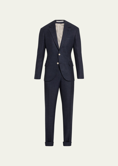 Shop Brunello Cucinelli Men's Tonal Plaid Suit In C012 Denim