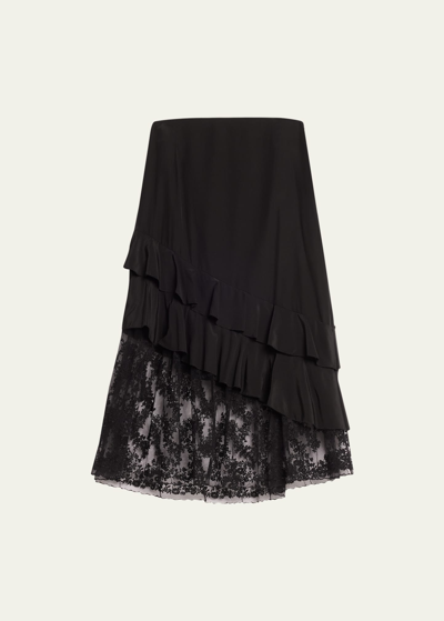 Shop Jason Wu Embroidered Lace-hem Ruffle Midi Skirt In Black