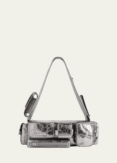 Shop Balenciaga Superbusy Xs Metallic Sling Bag In 8103 Silver