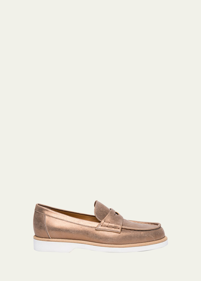 Shop Santoni Gallery Metallic Casual Penny Loafers In Gold