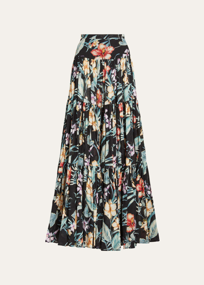 Shop Ralph Lauren Sutton Delano Tropical Floral Tiered Maxi Skirt In Black