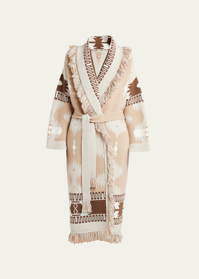 Shop Alanui Icon Jacquard Fringe Belted Wool Coat In Sandstorm Canvas