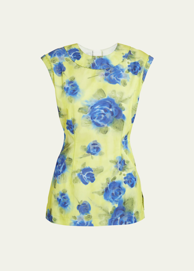 Shop Marni Floral Print Top With Zig-zag Seam Detail In Lemonyell
