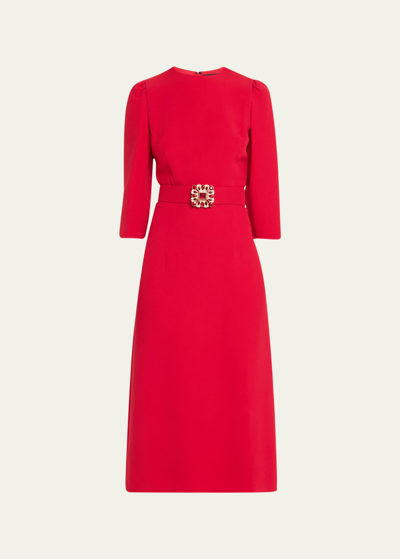 Shop Andrew Gn Three-quarter Belted Midi Dress In Red