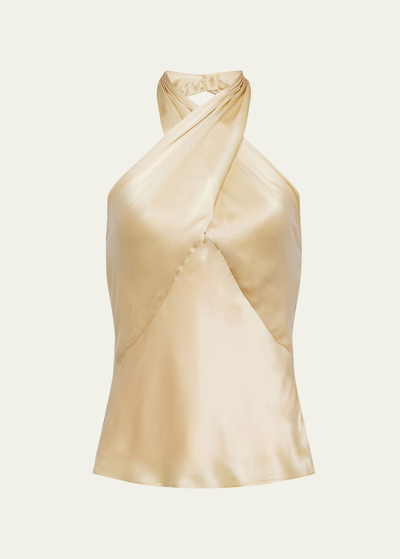 Shop L Agence Letitia Twist-neck Halter Silk Blouse In Marzipan