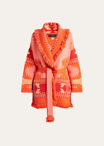 Shop Alanui Icon Jacquard Belted Cardigan In Papya Sunset Oran