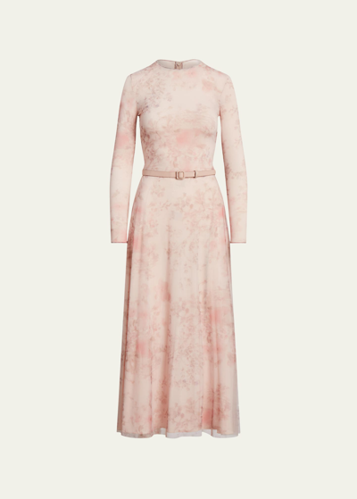 Shop Ralph Lauren Painted Garden Long-sleeve Tulle Midi Dress With Leather Belt In Mauve