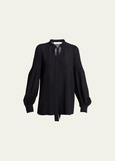 Shop Chloé Soft Wool Tie-neck Blouse In Ink Navy