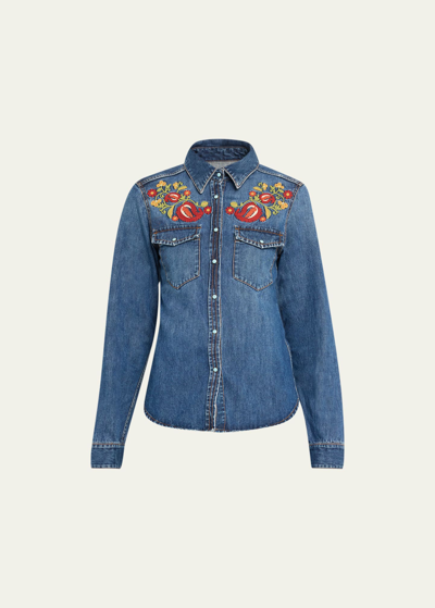 Shop Fortela Brigitte Floral-embroidered Denim Shirt In D570