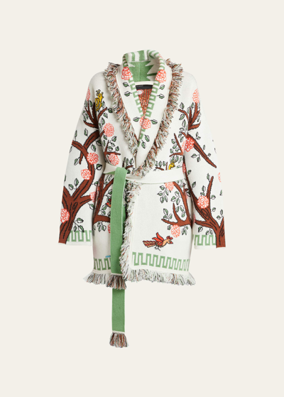 Shop Alanui Tree Of Life Fringe Belted Cashmere Cardigan In Chalk Multicolor