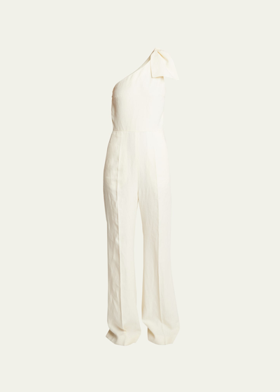Shop Chloé Linen Canvas One-shoulder Jumpsuit With Bow Detail In Coconut Milk