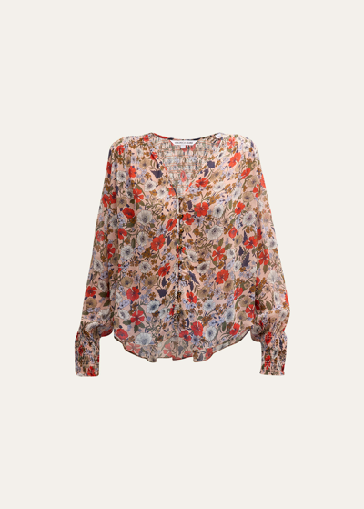 Shop Veronica Beard Neha Floral Smocked Long-sleeve Top In Line Florl Coral