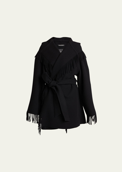 Shop Balenciaga Hooded Fringe Oversized Self-tie Wool Jacket In Noir