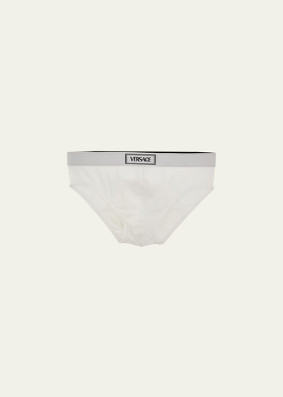 Shop Versace Men's Ribbed Logo Briefs In 1w000-optical Whi