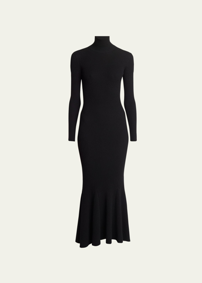 Shop Balenciaga High-neck Ribbed Cashmere Wool Flounce Dress In Noir