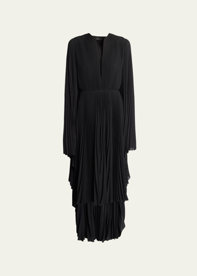Shop Balenciaga Plunge Pleated Midi Dress With Cape Back In Noir