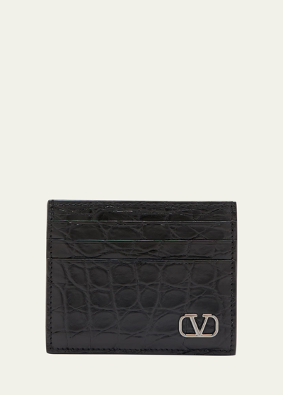 Shop Valentino Men's Mini Vlogo Croc-effect Card Holder In Nero
