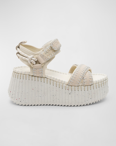 Shop Chloé Nama Stitch Ankle-strap Flatform Sandals In White