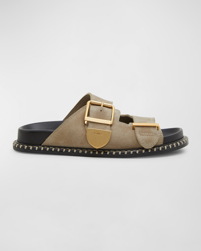 Shop Chloé Rebecca Suede Dual-buckle Slide Sandals In Dark Greige