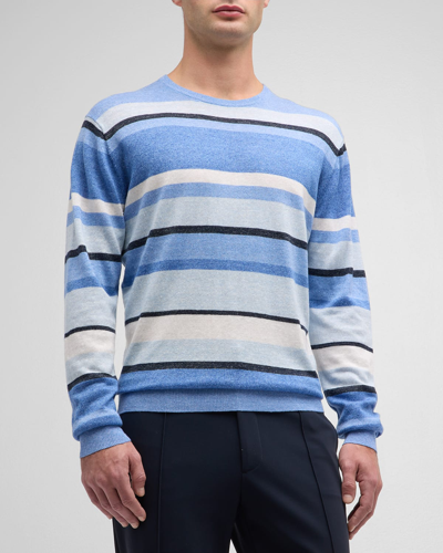 Shop Peter Millar Men's Serene Linen-wool Stripe Crewneck Sweater In Tahoe Blue