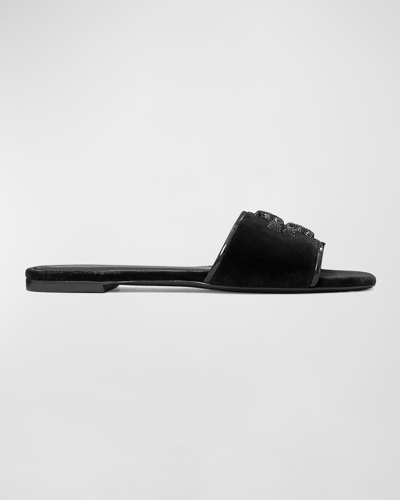 Shop Tory Burch Eleanor Pave Medallion Flat Slide Sandals In Perfect Black