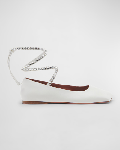 Shop Amina Muaddi Ane Embellished Leather Ankle-wrap Ballerina Flats In White