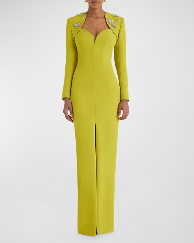 Shop Safiyaa Trixie Crystal Plunging Long-sleeve Slit-hem Gown In Citrine