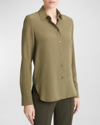 Shop Vince Slim-fitted Stretch Silk Button-front Blouse In Washed Vine