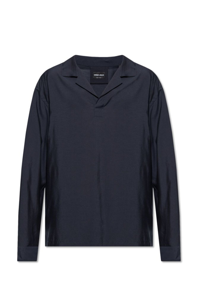 Shop Giorgio Armani Long Sleeved Split Neck Shirt In Blue