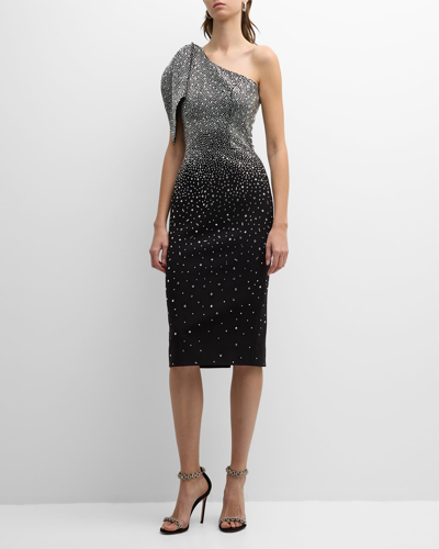 Shop Dress The Population Black Label Tiffany One-shoulder Rhinestone Midi Dress In Black-silver