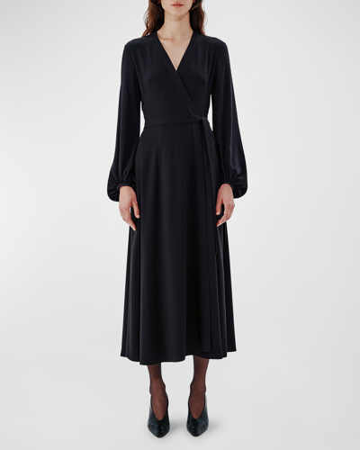 Shop Another Tomorrow Lantern-sleeve Maxi Wrap Dress In Black