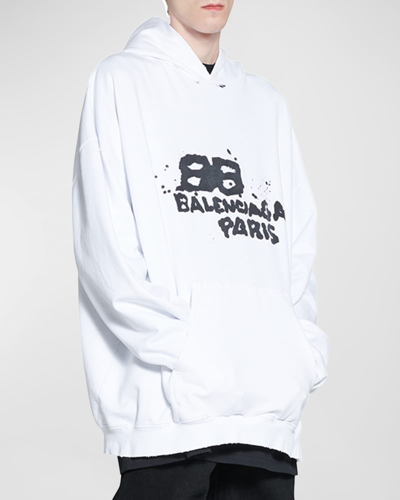 Shop Balenciaga Men's Dirty Bb Paris Icon Hoodie In 9040 White/black