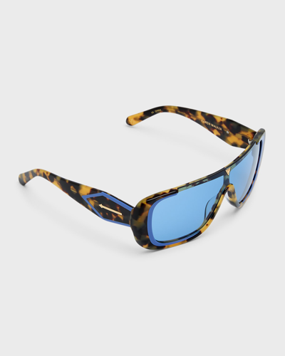 Shop Karen Walker Logo Acetate Shield Sunglasses In Crazy Tort