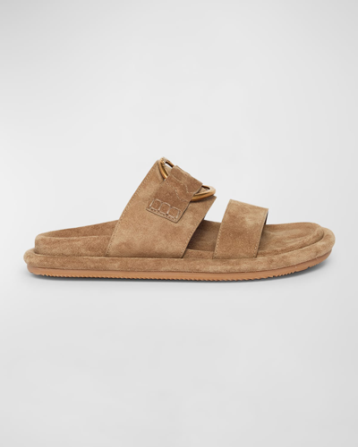 Shop Moncler Bell Suede Logo Slide Sandals In Coriander