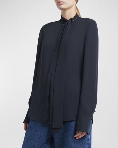 Shop Valentino Scarf-neck Long-sleeve Silk Blouse In Navy