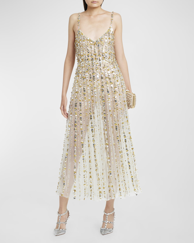 Shop Valentino Sequin Embroidered Sheer Cocktail Dress In Silver Multi