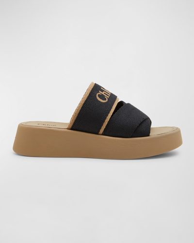 Shop Chloé Mila Linen Logo Slide Sandals In Pearl Beige