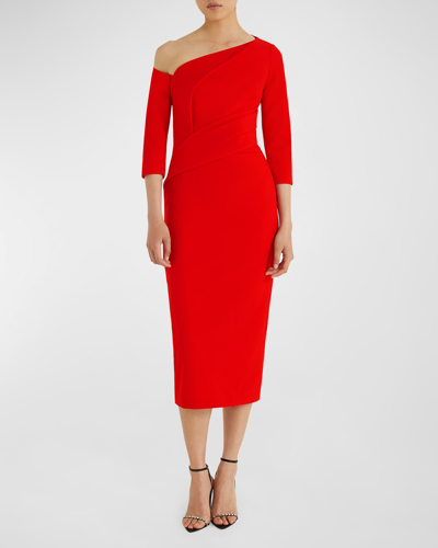 Shop Safiyaa Duan Draped One-shoulder 3/4-sleeve Midi Cocktail Dress In Cherry Red