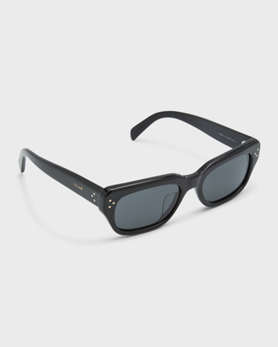 Shop Celine Men's 3-dot Acetate Rectangle Sunglasses In Shiny Black/smoke