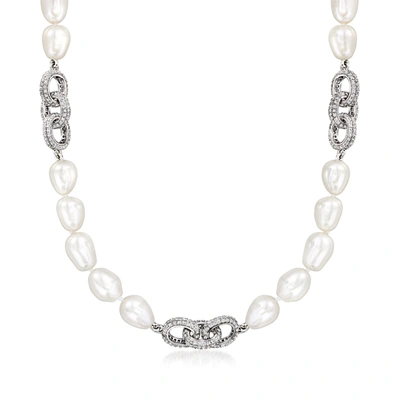 Shop Ross-simons 7.5-8.5mm Cultured Semi-baroque Pearl And White Topaz Oval-link Necklace In Sterling Silver