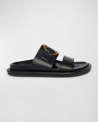 Shop Moncler Bell Calfskin Logo Slide Sandals In Black