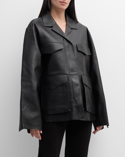 Shop Totême Army Flap-pocket Single-breasted Leather Jacket In Black