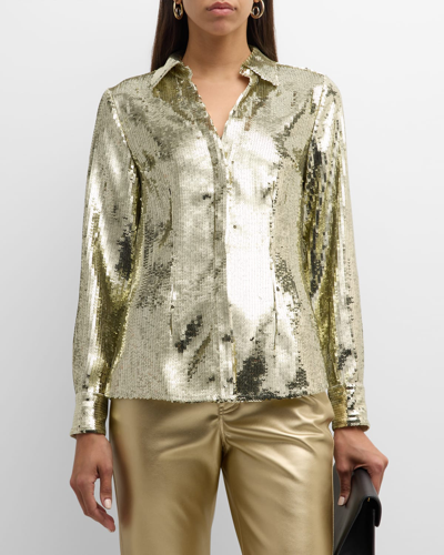 Shop Elie Tahari The Tassia Button-down Sequin Shirt In Gilded Gold