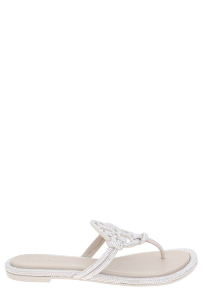 Shop Tory Burch Miller Pavé Embellished Thong Slippers In White