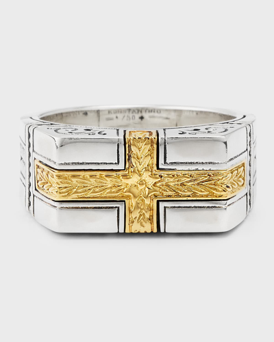 Shop Konstantino Men's Sterling Silver And 18k Yellow Gold Laurel Cross Ring In Sg