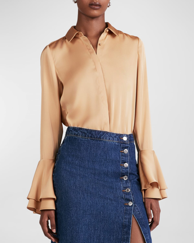 Shop Derek Lam 10 Crosby Selma Flare-cuff Button-front Blouse In Fawn