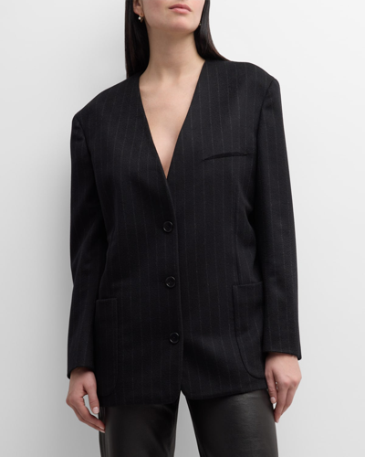 Shop The Row Torania Pinstripe Collarless Single-breasted Cashmere Blazer Jacket In Blackgrey