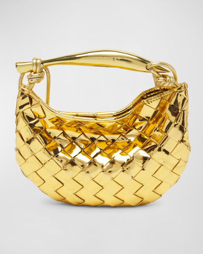 Shop Bottega Veneta Sardin Mini Metallic Intrecciato Top-handle Bag In Gold-m Brass